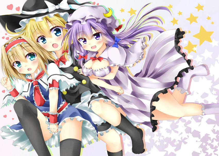 :d :o alice_margatroid apron blonde_hair blue_eyes bow breast_rest breasts capelet cleavage crescent dress dress_tug girl_sandwich gradient gradient_background group_hug hair_bow hairband hat hat_ribbon heart hug kirisame_marisa kuzumomo leaning_over lolita_hairband long_hair medium_breasts mob_cap multiple_girls no_shoes open_mouth over-kneehighs patchouli_knowledge purple_eyes purple_hair ribbon sandwiched sash shadow short_hair short_sleeves smile socks star striped thighhighs touhou vertical_stripes vest waist_apron witch_hat wrist_cuffs