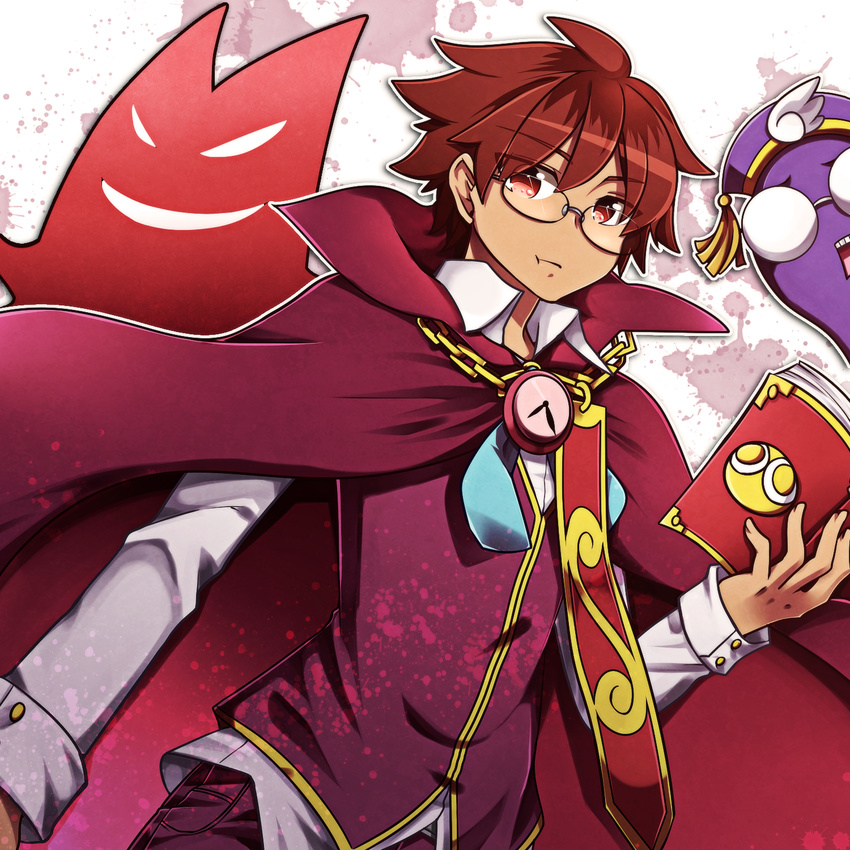 :t aya_(terrainakka) bad_id bad_pixiv_id book cape chain clock glasses highres klug_(puyopuyo) male_focus messy_hair puyopuyo puyopuyo_fever red_cape red_eyes red_hair solo strange_klug