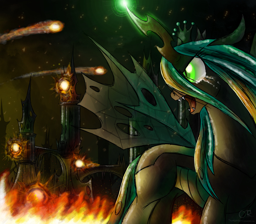 building castle changeling crown crying equine explosion fangs female feral fire fire_ball flames friendship_is_magic glowing green_eyes green_hair hair horn horse long_hair looking_back magic mammal my_little_pony open_mouth pony queen_chrysalis_(mlp) royalty solo standing tears teeth theomegaridley tongue winged_unicorn wings