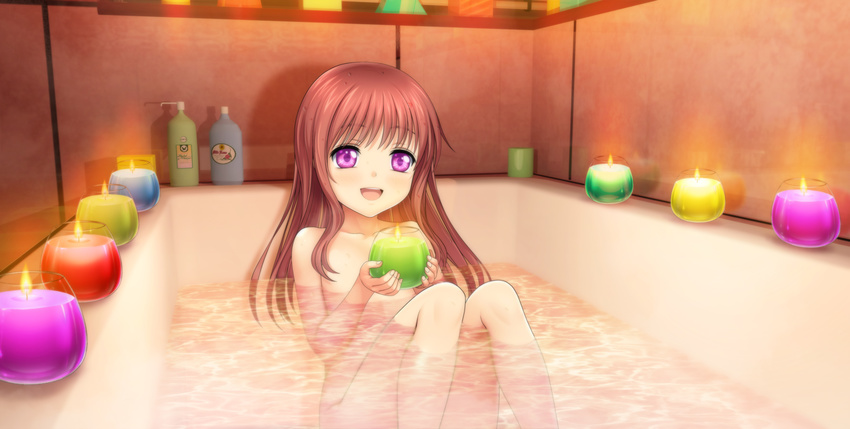:d bath bathtub bottle brown_hair candle highres long_hair mutsuki_(moonknives) nude open_mouth original purple_eyes sitting smile solo water