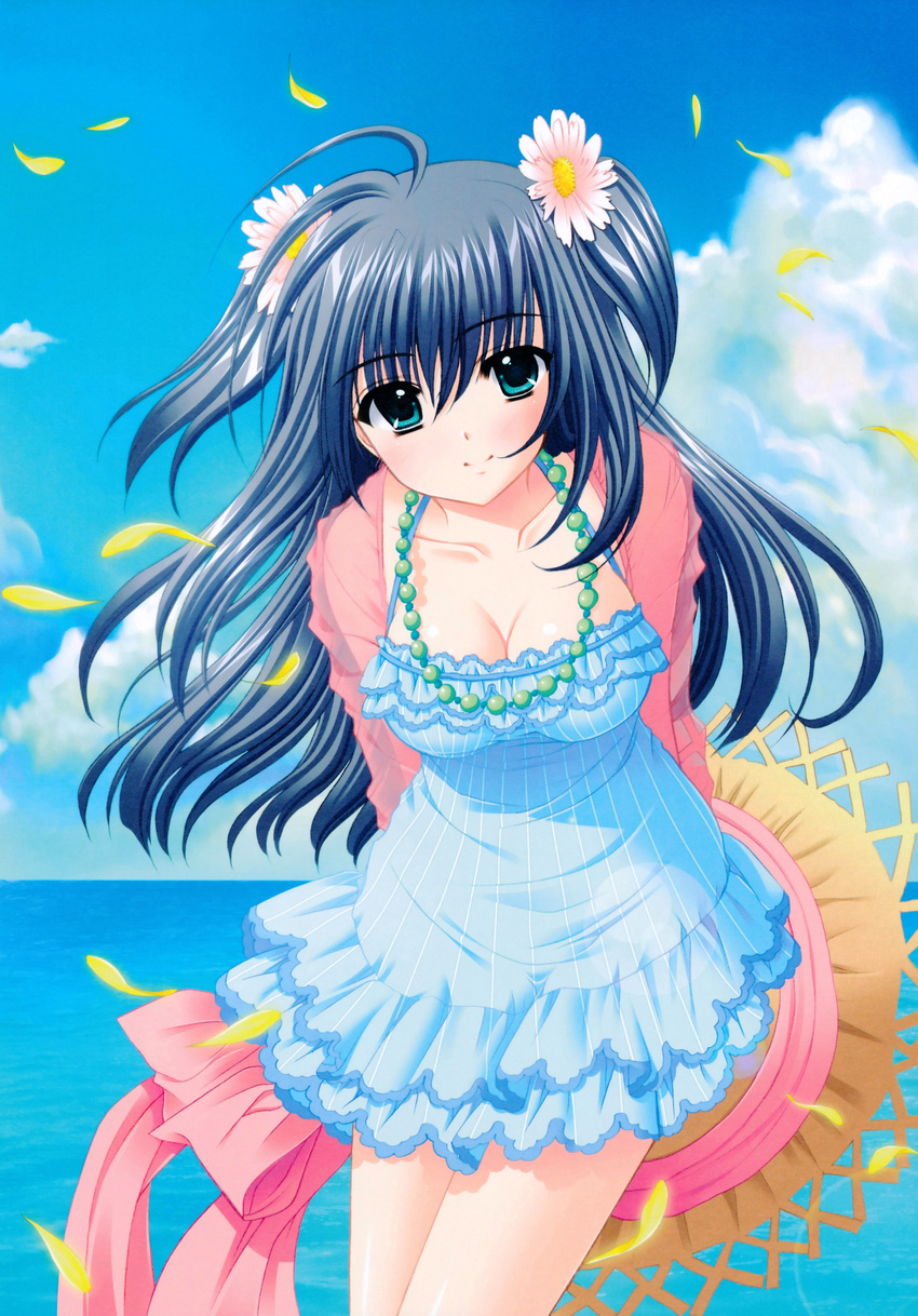 absurdres arms_behind_back black_hair blazer blue_eyes breasts cleavage cloud day dress flower hair_flower hair_ornament hat hat_removed headwear_removed highres jacket jewelry large_breasts leaning_forward long_hair necklace nishimata_aoi ocean pearl_necklace petals shuffle! shuffle!_essence+ sky smile solo straw_hat two_side_up very_long_hair water yae_sakura