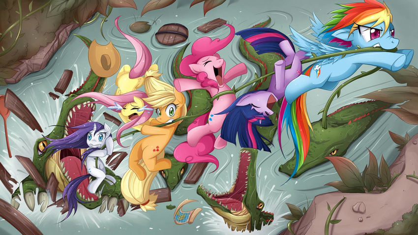 alligator applejack_(mlp) barrel blonde_hair blue_eyes blurry cowboy_hat cutie_mark depth_of_field equine female feral fluttershy_(mlp) friendship_is_magic green_eyes group hair hat horn horse jinzhan map multi-colored_hair my_little_pony pegasus pink_hair pinkie_pie_(mlp) pony purple_hair rainbow_dash_(mlp) rarity_(mlp) reptile scalie tears twilight_sparkle_(mlp) unicorn vines water wings