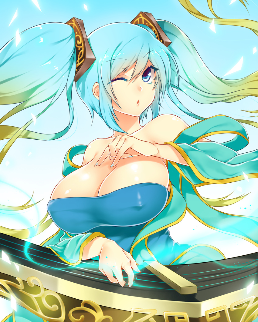 :o aqua_hair blue_eyes breasts covered_nipples etwahl fuya_(tempupupu) gradient_hair hair_ornament highres huge_breasts league_of_legends low_neckline multicolored_hair one_eye_closed solo sona_buvelle twintails