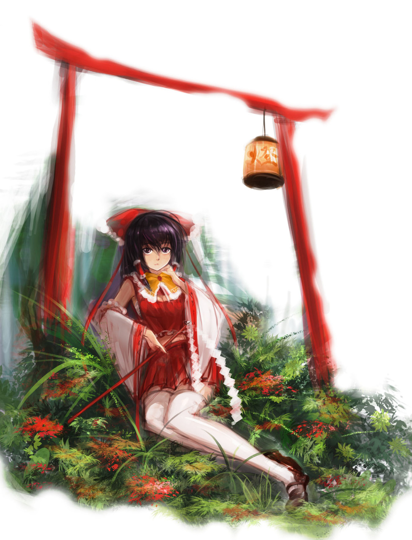 1girl ascot black_eyes black_hair bow detached_sleeves faux_traditional_media flower gohei grass hair_bow hakurei_reimu hand_on_own_chin highres lantern lips long_hair looking_at_viewer mary_janes midriff nature outdoors reclining sarashi shoes simple_background skirt skirt_set solo thighhighs torii touhou white_background