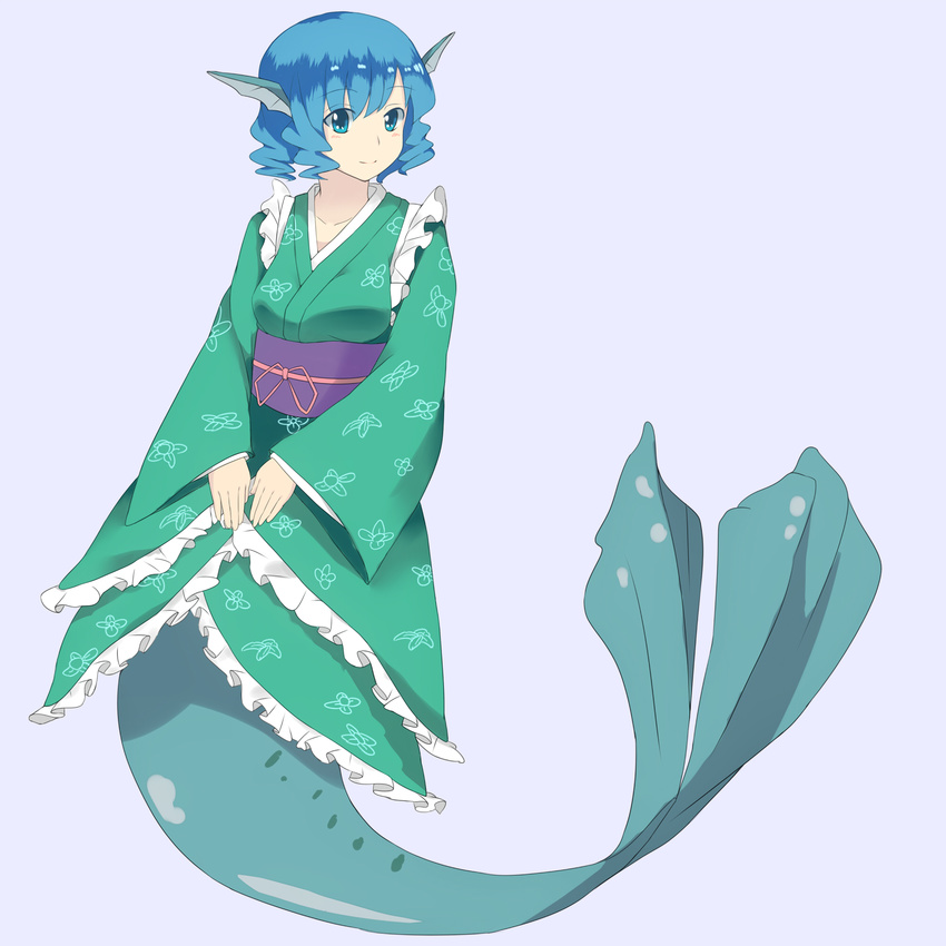 blue_background blue_eyes blue_hair head_fins highres japanese_clothes mermaid monster_girl obi sash satisfaction_g short_hair simple_background solo touhou wakasagihime wide_sleeves