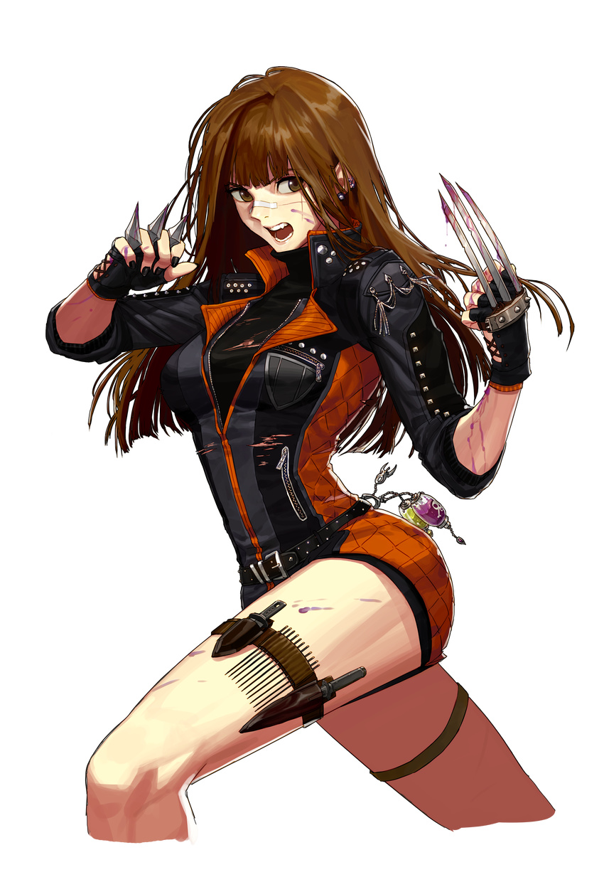 1girl absurdres band brown_eyes brown_hair claw claws dungeon_and_fighter fang female fighter_(dungeon_and_fighter) highres jacket jaket leather leg_up long_hair looking_away nail_polish open_mouth poison profile scar shorts solo