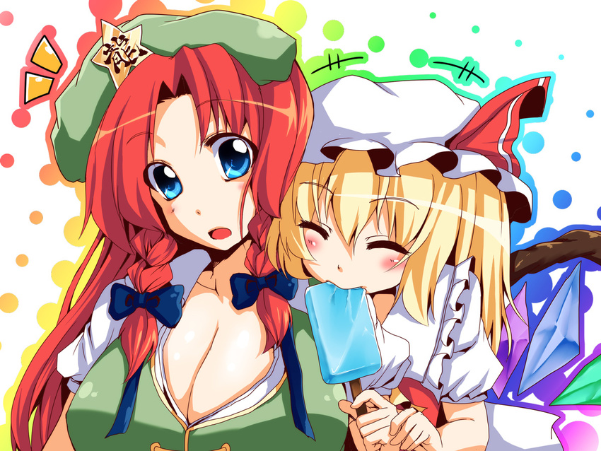 blonde_hair blue_eyes blush braid breasts cleavage closed_eyes flandre_scarlet food hat hong_meiling large_breasts long_hair mouth_hold multiple_girls open_mouth popsicle red_hair ryuushou short_hair smile touhou twin_braids wings