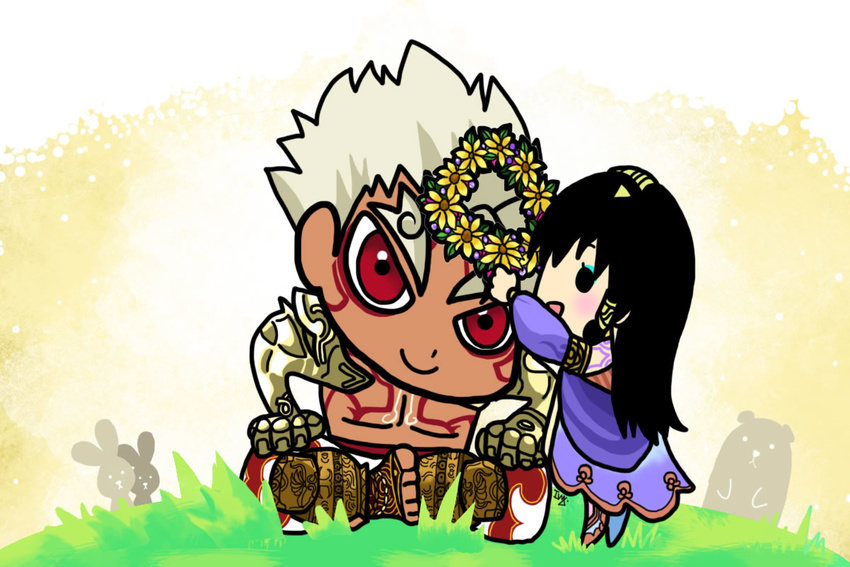 1boy 1girl asura's_wrath asura's_wrath asura_(asura's_wrath) asura_(asura's_wrath) black_hair capcom chibi father_and_daughter flower mithra_(asura's_wrath) mithra_(asura's_wrath) red_eyes red_skin white_hair