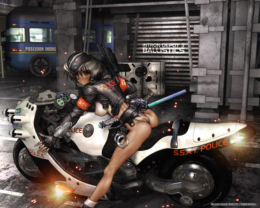 ass baton beret breasts brown_eyes brown_hair copyright_request covered_nipples cuffs earrings ground_vehicle gun hat jewelry large_breasts looking_at_viewer looking_back motor_vehicle motorcycle police police_uniform policewoman rifle shirou_masamune short_hair skinny uniform weapon