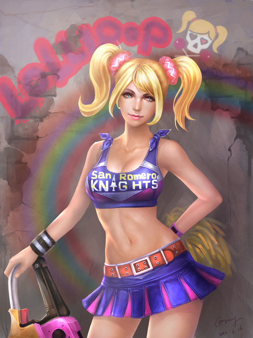 arm_behind_back belt blonde_hair blue_eyes breasts chainsaw cheerleader cleavage clothes_writing crop_top graffiti highres juliet_starling large_breasts lips lollipop_chainsaw looking_at_viewer midriff miniskirt navel orry pleated_skirt pom_poms scrunchie short_twintails skirt smile solo twintails wall watch weapon wristband wristwatch