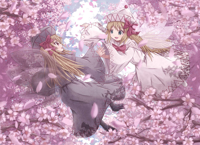 black_dress blonde_hair blue_eyes bow capelet cherry_blossoms dress dual_persona fairy_wings hair_bow highres hikari_niji interlocked_fingers lily_black lily_white long_hair long_sleeves multiple_girls open_mouth outstretched_arm outstretched_hand petals red_eyes smile touhou tree very_long_hair white_dress wide_sleeves wings