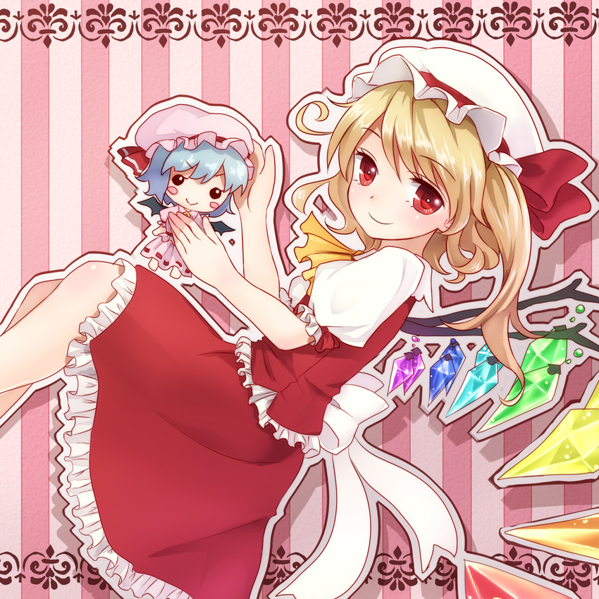 &gt;:) :&gt; ascot bat_wings blonde_hair blue_hair blush_stickers character_doll crystal flandre_scarlet hat highres holding looking_at_viewer outline red_eyes remilia_scarlet shironeko_yuuki short_hair skirt skirt_set smile solo striped striped_background touhou v-shaped_eyebrows vertical-striped_background vertical_stripes wings