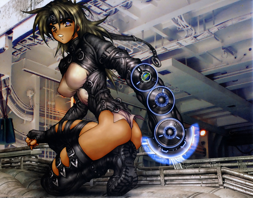 absurdres ass bandana boots breasts brown_eyes brown_hair cyberpunk highres holographic_interface intron_depot large_breasts looking_at_viewer looking_back multicolored multicolored_eyes shirou_masamune