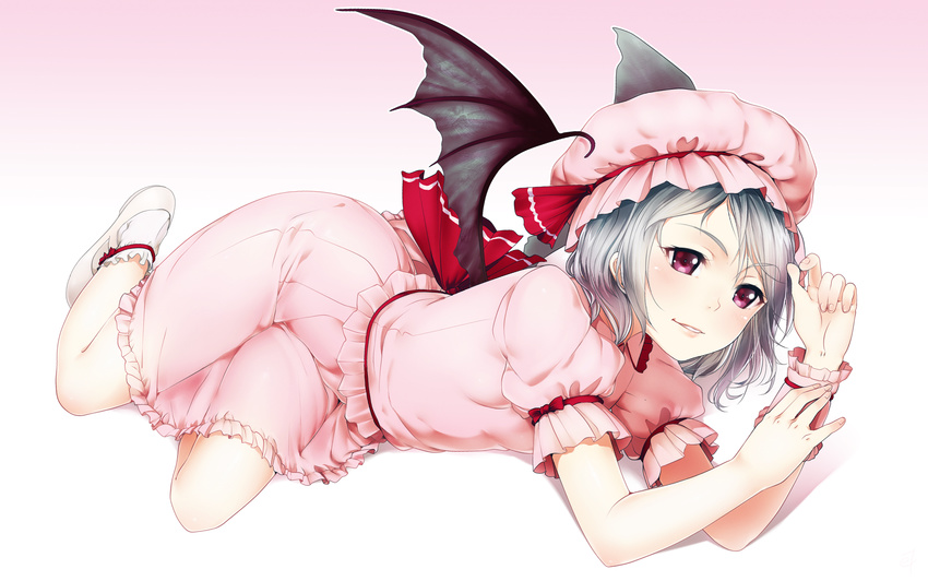 bad_id bad_pixiv_id bat_wings eventh7 hat highres lavender_hair lying on_stomach purple_eyes remilia_scarlet short_hair skirt skirt_set smile solo touhou wings wrist_cuffs