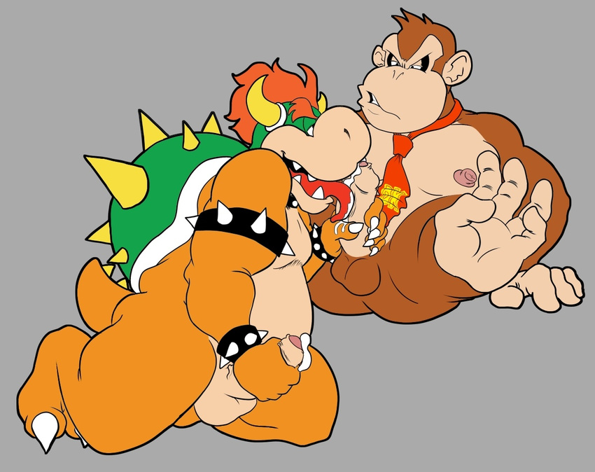 3_toes 5_fingers 5_toes anthro ape balls barefoot beige_penis beige_skin biceps big big_muscles big_nose black_eyes bowser brown_hair butt chubby claws crossover cum cum_on_hand cum_on_penis cum_on_tongue donkey_kong donkey_kong_(series) donkey_kong_country dragon duo erection fellatio gay gorilla grey_background hair happy hi_res hindpaw holding_penis horn interspecies japanese kneeling koopa legs_up licking lizard looking_down looking_up lying male mammal manly mario_bros monkeysuit muscles nintendo nipples nude on_back open_mouth oral oral_sex orange_hair orange_skin paws pecs penis penis_grab pink_penis pink_skin plain_background precum primate raised_leg red_skin reptile saliva scalie sex sharp_teeth shell short_hair skin smile spikes spread_legs spreading teeth toes tongue tongue_out turtle uncut vein video_games white_eyes