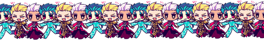 archer blonde_hair blue_hair chibi chiharudaaaaaaa clone fate/stay_night fate_(series) gilgamesh highres lancer long_image multiple_boys tileable white_hair wide_image