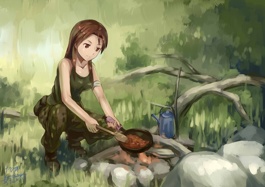 arm_wrap artist_name brown_eyes brown_hair campfire camping coffee_pot cooking dated kanokoga long_hair military military_uniform minna-dietlinde_wilcke skillet solo spoon strike_witches tank_top uniform wooden_spoon world_witches_series