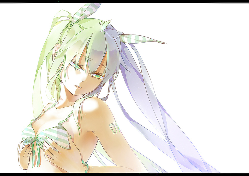 bad_id bad_pixiv_id bare_shoulders bikini_top gradient_hair green_eyes green_hair hands_on_own_chest hatsune_miku long_hair momozi_(mkingnight) multicolored_hair nail_polish solo twintails vocaloid