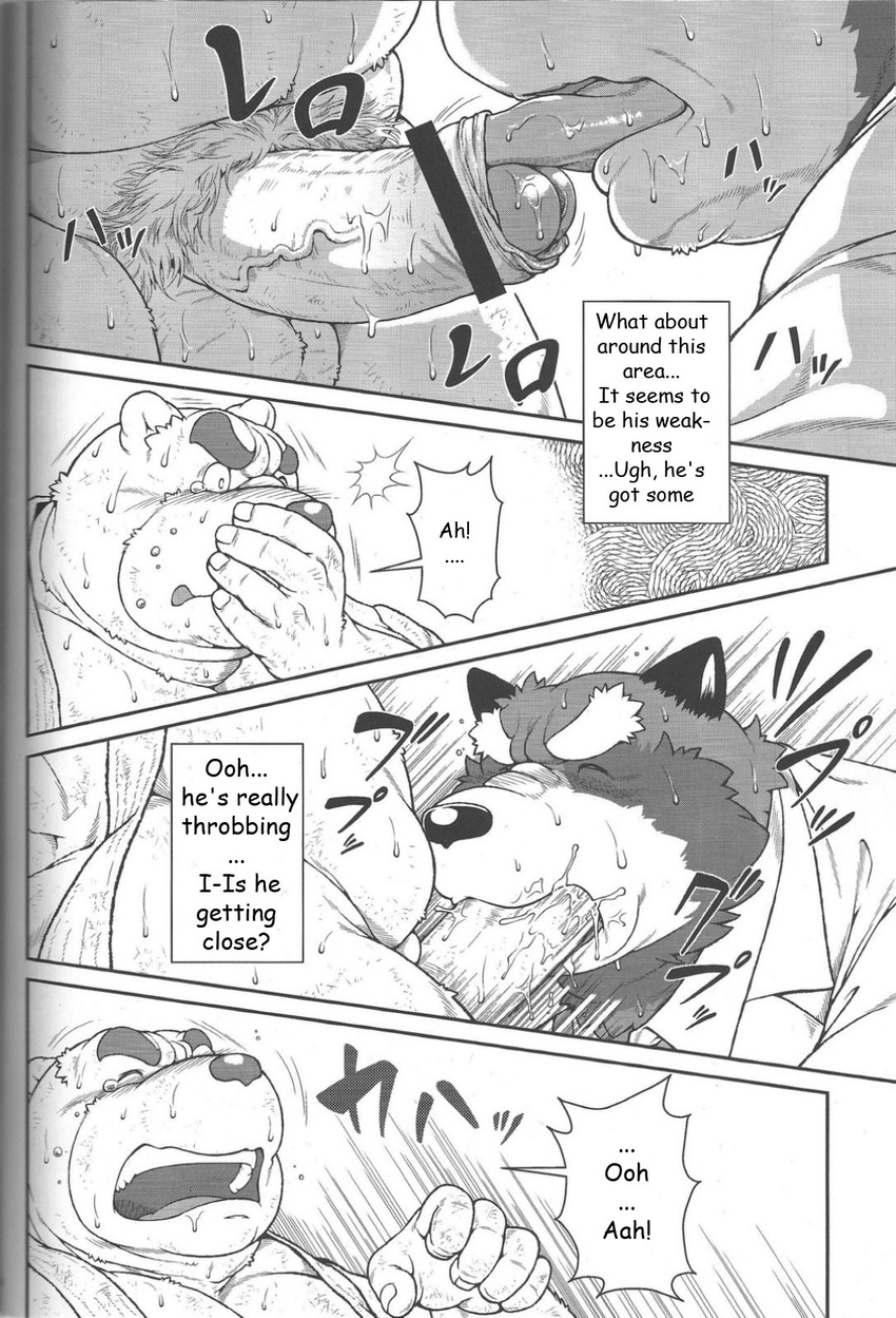 bathroom bear blush canine chubby clothing comic erection eyes_closed fellatio first_time fox gay jin_(artist) male mammal me_and_my_teacher monochrome mouth muscles open_mouth oral oral_sex penis precum sex shocked sweat tears technique text tongue uncut wolf