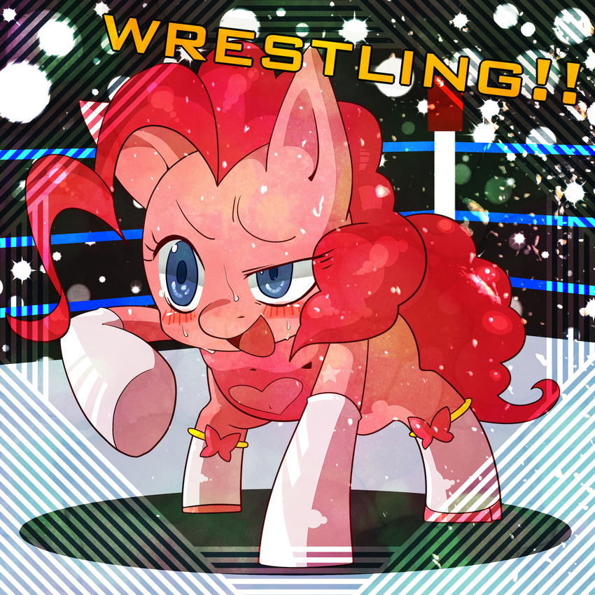 blue_eyes blush english_text equine female feral fighting_ring friendship_is_magic fur gloves hair horse ino mammal my_little_pony pink_fur pink_hair pinkie_pie_(mlp) pony solo sweat text wrestling_ring