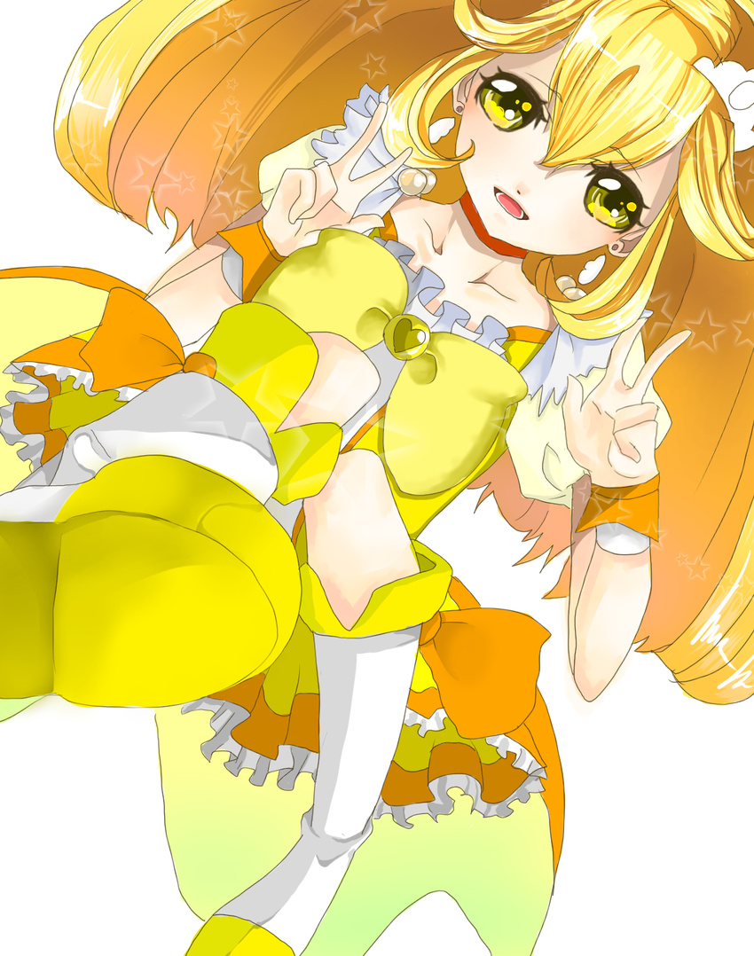 bad_id bad_pixiv_id blonde_hair boots bow byakuro_p choker cure_peace double_v hair_flaps highres kise_yayoi long_hair magical_girl open_mouth ponytail precure skirt smile_precure! solo tears tiara v wrist_cuffs yellow yellow_bow yellow_eyes yellow_skirt
