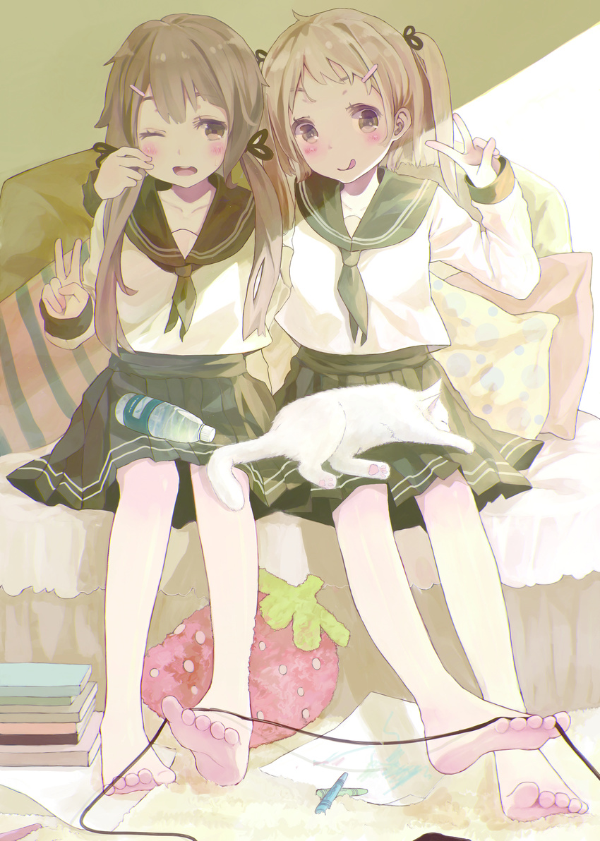 :q absurdres barefoot blonde_hair blush book_stack bottle bou_shaku brown_eyes brown_hair cat couch crayon feet hair_ornament hairclip hand_on_another's_shoulder highres legs light long_hair multiple_girls one_eye_closed open_mouth original pillow pleated_skirt school_uniform serafuku sitting skirt soles toes tongue tongue_out twintails v water_bottle