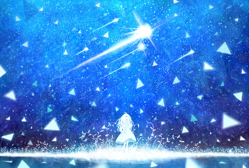 ahoge blue blue_dress blue_eyes blue_sky commentary_request dress fantasy glowing grass long_hair looking_at_viewer magic original outdoors sakimori_(hououbds) scenery shooting_star sky solo standing star_(sky) starry_sky white_hair