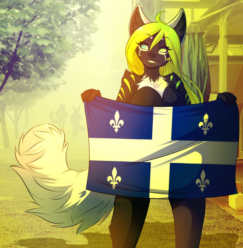 aimi black_fur black_nose blonde_hair blue_eyes breasts convenient_censorship female flag fleur-de-lis fur green_eyes green_fur green_hair hair heterochromia long_hair nude outside quebec_flag smile solo standing stripes tree unknown_species white_fur