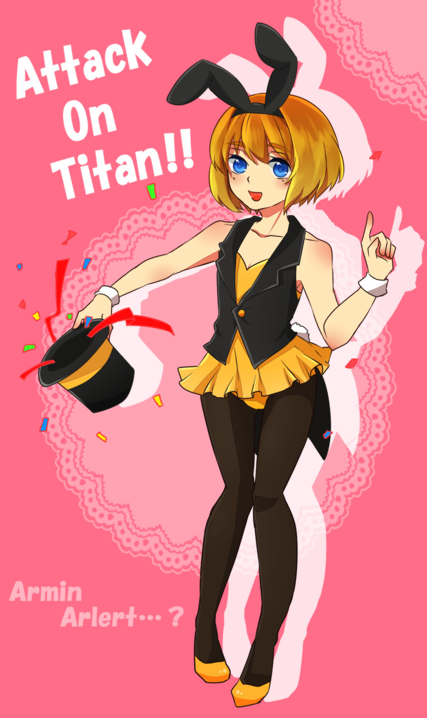 animal_ears armin_arlert bad_id bad_pixiv_id blonde_hair blue_eyes blush bunny_boy bunnysuit fishnet_pantyhose fishnets highres leotard male_focus open_mouth orange_leotard otoko_no_ko pantyhose shingeki_no_kyojin short_hair solo usamin wrist_cuffs