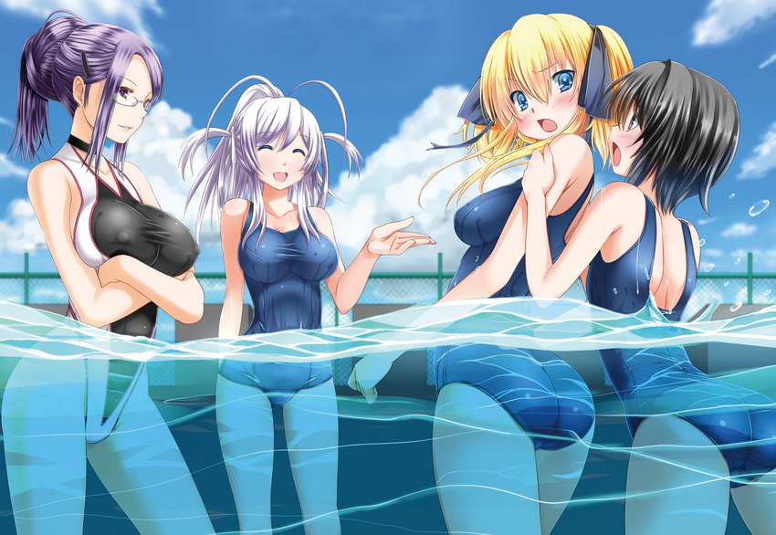 4girls absurdres antenna_hair ass bare_shoulders black_eyes black_hair blonde_hair blue_eyes breast_hold breasts cloud clouds covered_nipples crossed_arms erect_nipples eyes_closed glasses hair_ornament hairclip happy highres large_breasts legs long_hair looking_back multiple_girls open_mouth pool purple_hair short_hair sky smile standing swimsuit thighs water wet