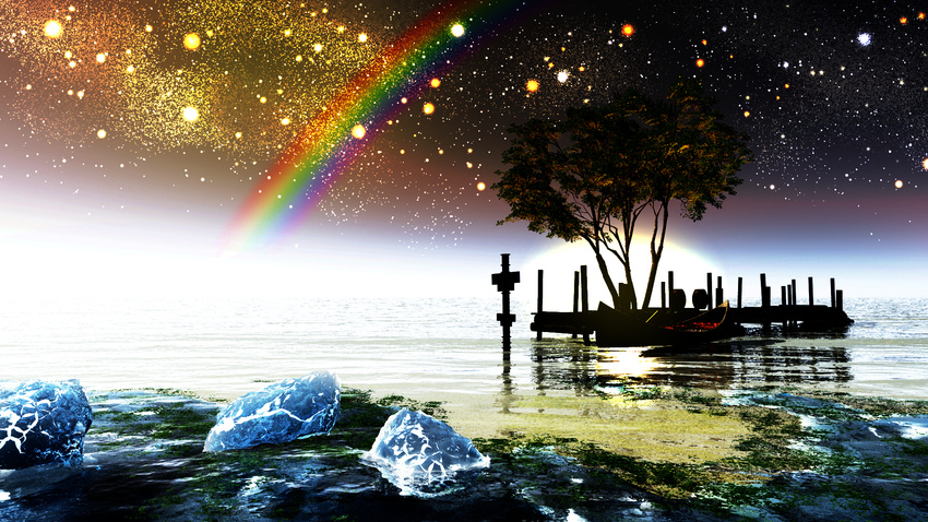 boat landscape original rainbow scenic sky stars tree water y-k
