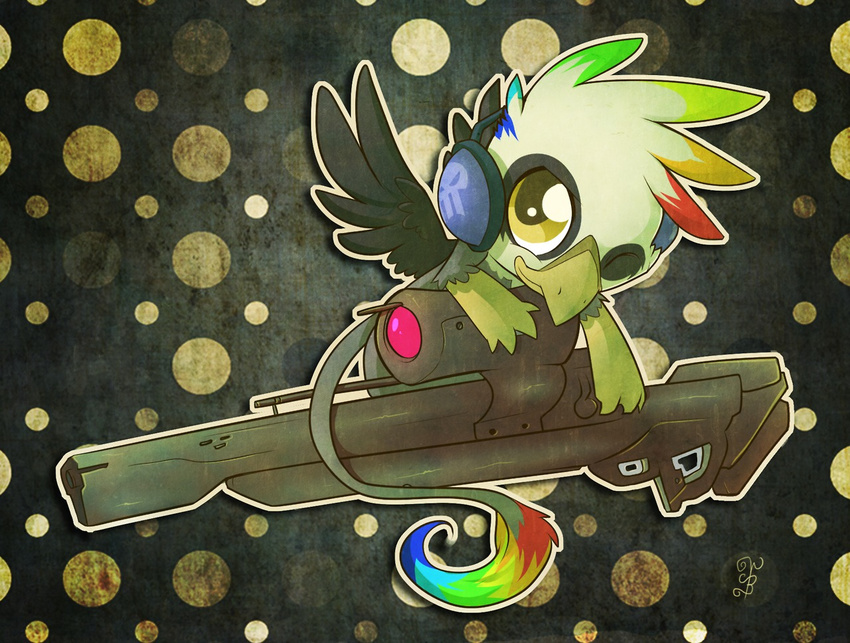 beak bird chibi eyelashes feathers feral friendship_is_magic gears_of_war gryphon happy headphones invalid_background male my_little_pony nich_balam_(artist) papercraft polka_dots_background rainbow skoop skoop_(character) sniper solo wings