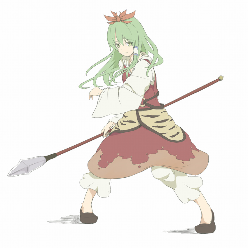 bishamonten's_spear cosplay flats green_eyes green_hair kawashina_(momen_silicon) kochiya_sanae long_hair looking_at_viewer polearm simple_background smile solo spear tiger_stripes toramaru_shou toramaru_shou_(cosplay) touhou weapon white_background