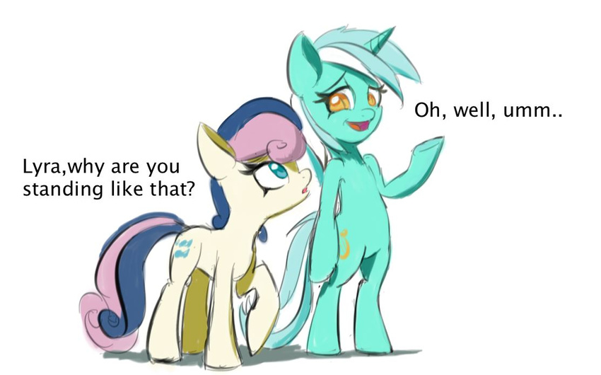 blue_eyes bonbon_(mlp) cutie_mark dialog duo english_text equine female feral friendship_is_magic grin hair horn horse lyra_(mlp) lyra_heartstrings_(mlp) mammal my_little_pony open_mouth pony pose raikoh-illust smile standing text tongue two_tone_hair unicorn yellow_eyes