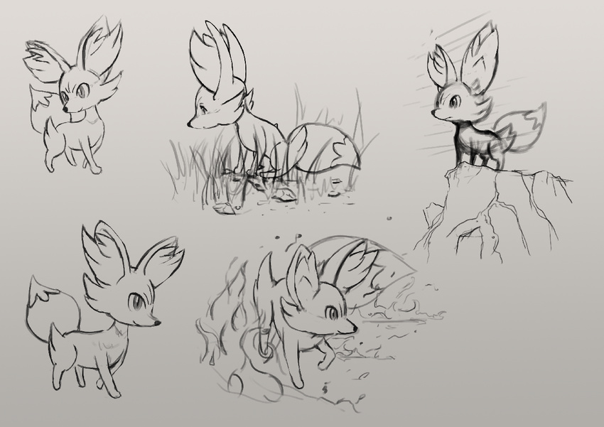 cliff dekus fennekin fire fox grass grey_background nintendo pokemon pokemon_(game) pokemon_xy sketch stone