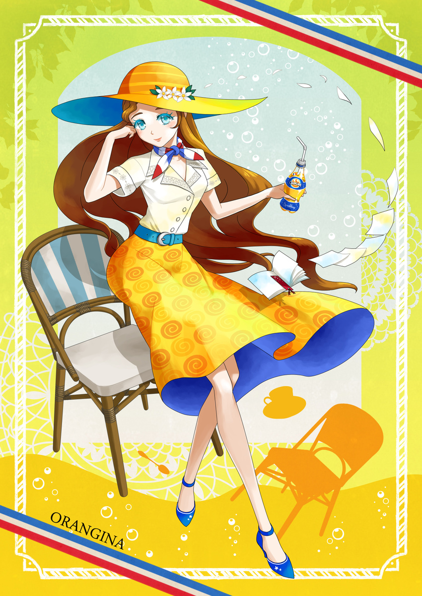 bad_id bad_pixiv_id belt blue_eyes book bottle brown_hair chair character_name drink flower hat hat_flower high_heels highres legs long_hair looking_at_viewer nekomissile open_book orange_blossoms orangina scarf shoes skirt smile solo
