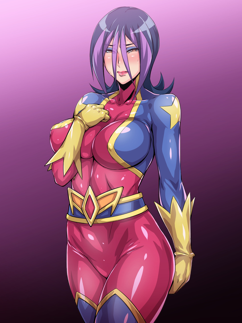 1girl areguro black_beat blush bodysuit breasts droite_(yuu-gi-ou_zexal) gloves highres large_breasts lipstick long_hair looking_at_viewer makeup multicolored_hair pink_background simple_background solo standing yellow_eyes yu-gi-oh! yuu-gi-ou_zexal