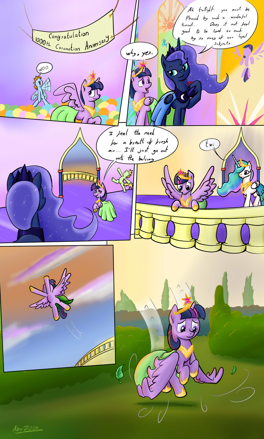 abrr2000 balcony comic crown dress english_text equine female feral flying friendship_is_magic garden group hair horn horse mammal multi-colored_hair my_little_pony necklace pegasus pony princess princess_celestia_(mlp) princess_luna_(mlp) purple_hair royalty text twilight_sparkle_(mlp) winged_unicorn wings