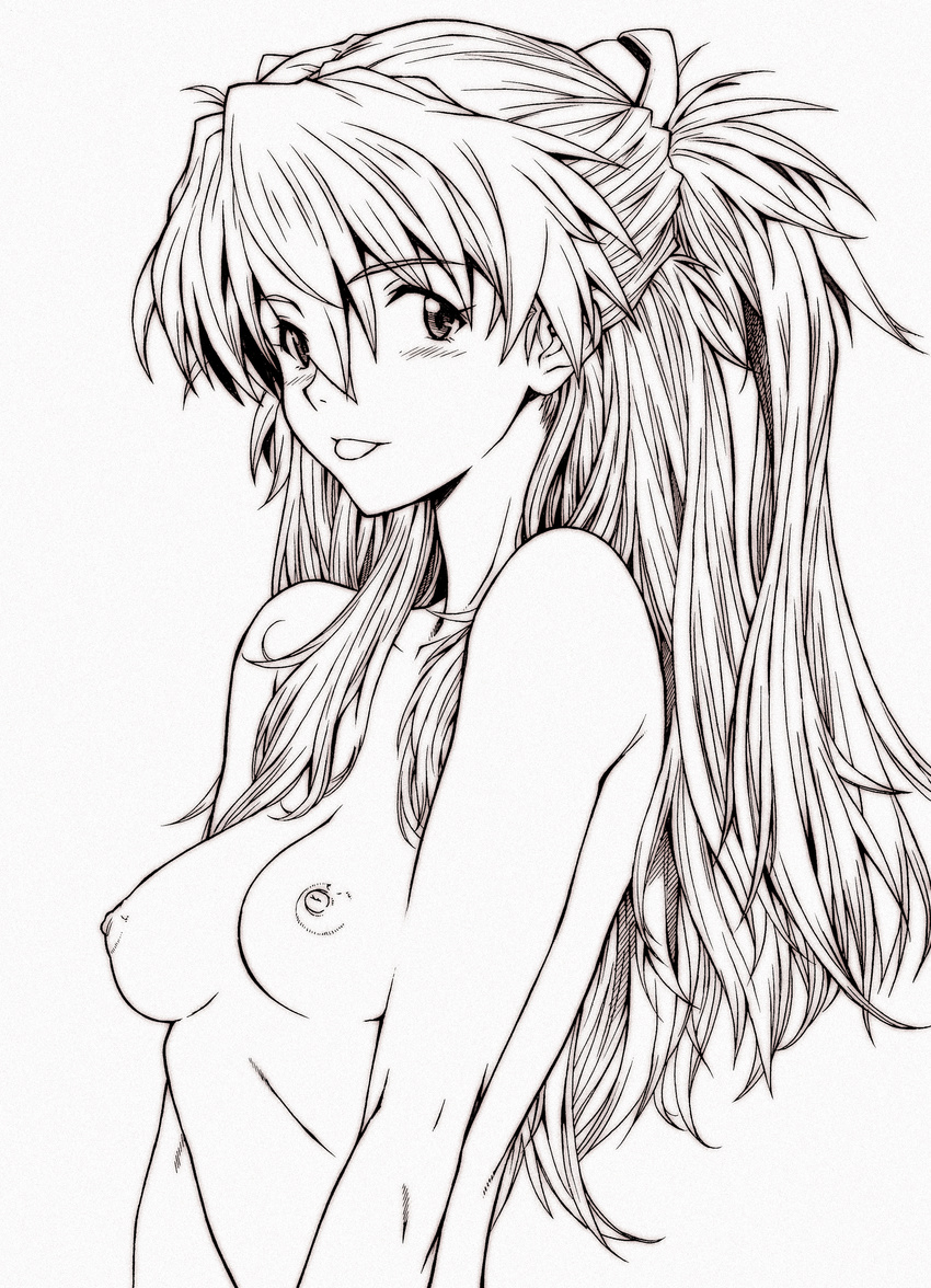 :p absurdres blush breasts greyscale harukaze_koucha highres long_hair looking_at_viewer monochrome navel neon_genesis_evangelion nib_pen_(medium) nipples nude ribs shikinami_asuka_langley simple_background small_breasts solo souryuu_asuka_langley tongue tongue_out traditional_media