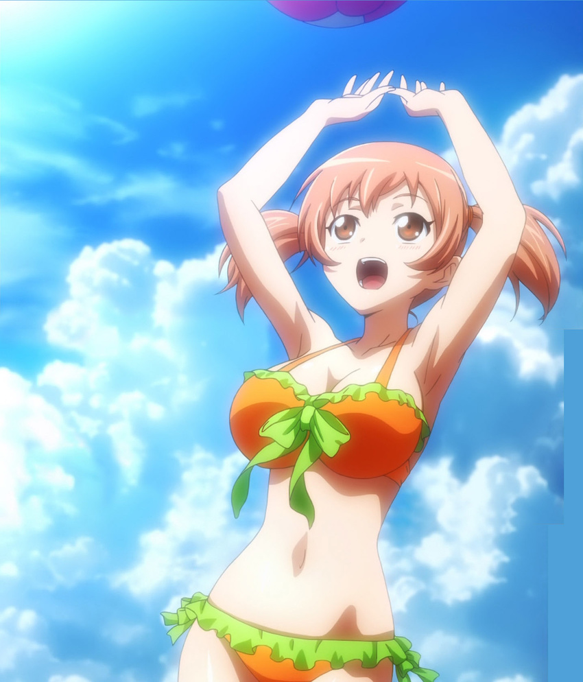 1girl :d ball beach beachball bikini breasts brown_eyes brown_hair cleavage cloud clouds curvy happy hataraku_maou-sama! highres large_breasts navel open_mouth sasaki_chiho screencap short_hair smile solo stitched swimsuit twintails water