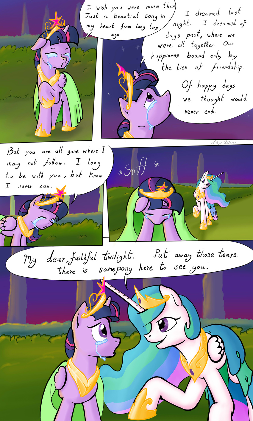 abrr2000 bushes clothing comic crown crying dialog dress duo english_text equine female feral friendship_is_magic horn horse mammal my_little_pony outside pegasus pony princess princess_celestia_(mlp) royalty stars text twilight_sparkle_(mlp) unicorn winged_unicorn wings