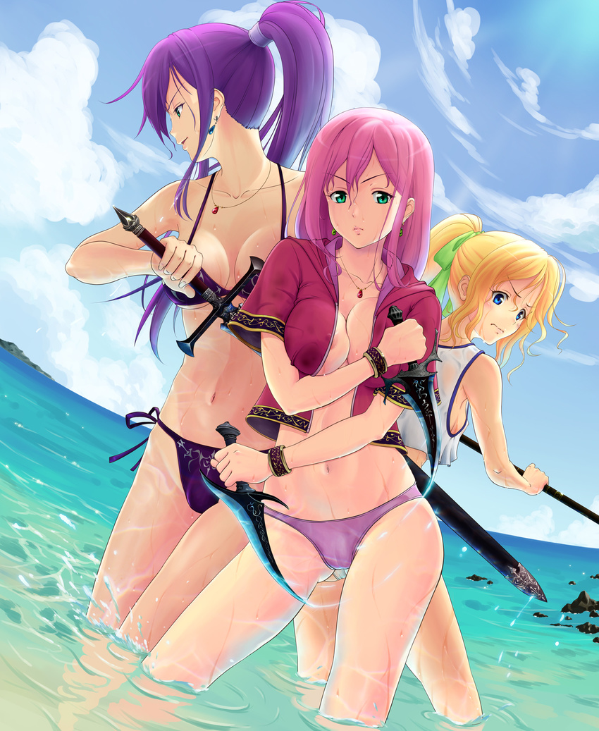 angry areola_slip areolae bikini bikini_bottom blonde_hair blue_eyes blush breasts dual_wielding earrings embarrassed faris_scherwiz final_fantasy final_fantasy_v frown hair_ribbon highres holding jewelry knife krile_mayer_baldesion large_breasts lenna_charlotte_tycoon long_hair marco_rosso midriff multiple_girls navel necklace no_bra ocean open_clothes open_shirt pink_hair polearm ponytail purple_hair ready_to_draw reverse_grip ribbon scabbard sheath shirt short_hair siblings side-tie_bikini sideboob sisters swimsuit sword tank_top wading water weapon wet wet_clothes wet_shirt