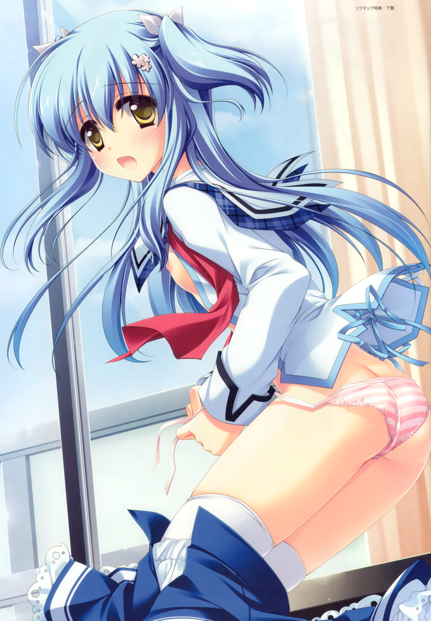 :o absurdres aoto_mikamo ass blue_hair blush breasts curtains d: dressing from_behind glass highres huge_filesize long_sleeves looking_at_viewer matsushita_makako necktie nipples no_bra open_clothes open_mouth open_shirt panties parted_lips pink_panties red_neckwear school_uniform shirt side-tie_panties skirt skirt_pull small_breasts strawberry_nauts striped striped_panties tying underwear white_shirt window wings yellow_eyes