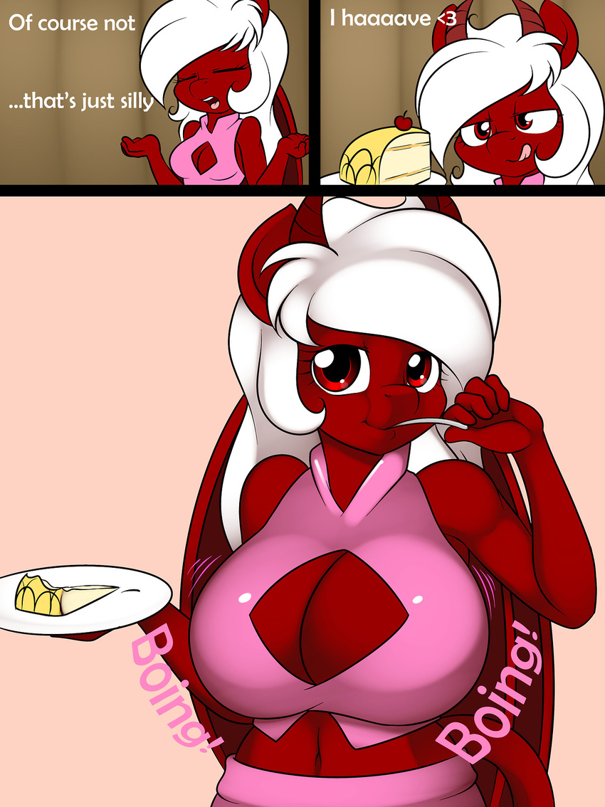 breast_expansion breasts cake chilly_pepper eating english_text equine female food hair horn kloudmutt looking_at_viewer mammal my_little_pony original_character red_eyes solo text tongue