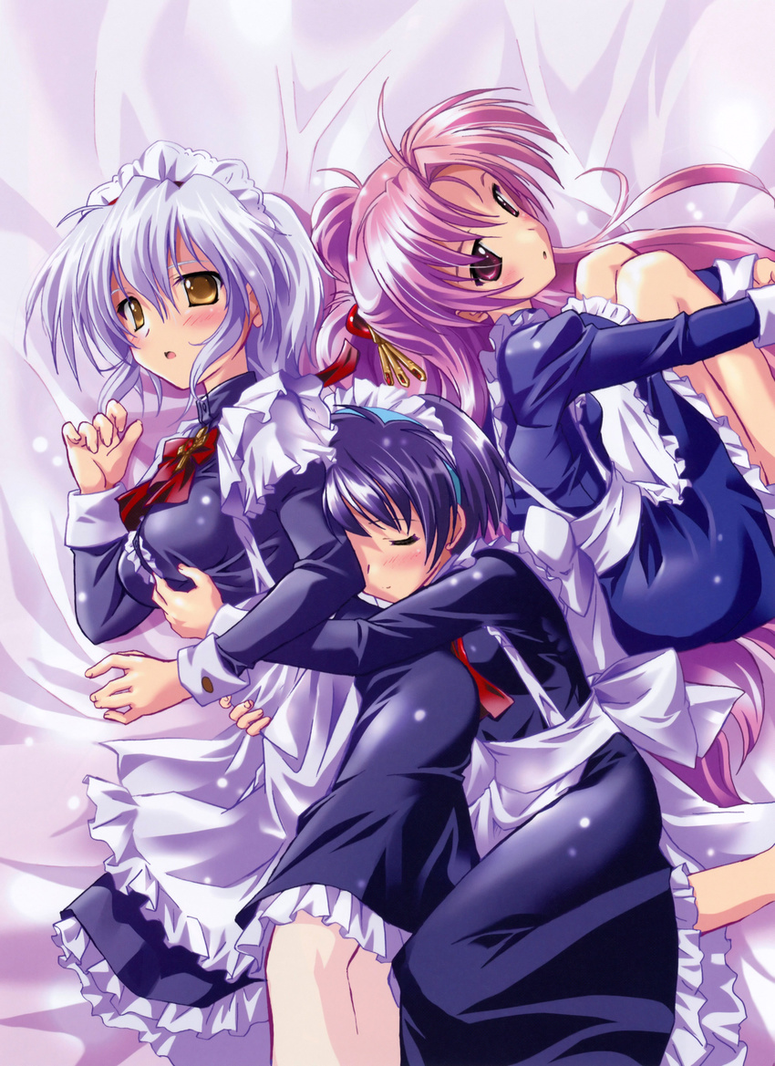 absurdres apron black_dress blue_hair breasts character_request closed_eyes dress fetal_position highres hug knees_on_chest knees_to_chest komatsu_eiji liera_scharnhorst long_sleeves looking_at_viewer lying maburaho maid maid_headdress medium_breasts miyama_yuuna multiple_girls pantyhose pink_eyes pink_hair scan waist_apron white_legwear wrist_cuffs yellow_eyes