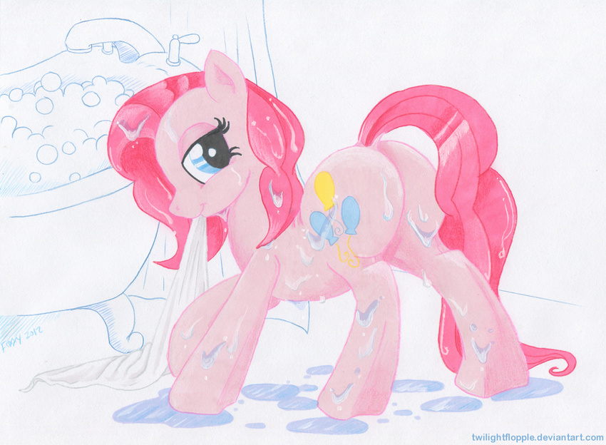 bath blue_eyes butt cutie_mark english_text equine female feral friendship_is_magic fur hair horse looking_at_viewer mammal my_little_pony pink_fur pink_hair pinkie_pie_(mlp) plain_background pony signature simple_background smile solo text towel twilightflopple water wet wet_hair white_background