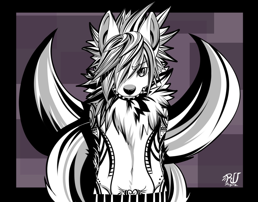 absurd_res canine clothing collar dog hi_res male mammal monochrome multiple_tails purple_background rudragon tattoo