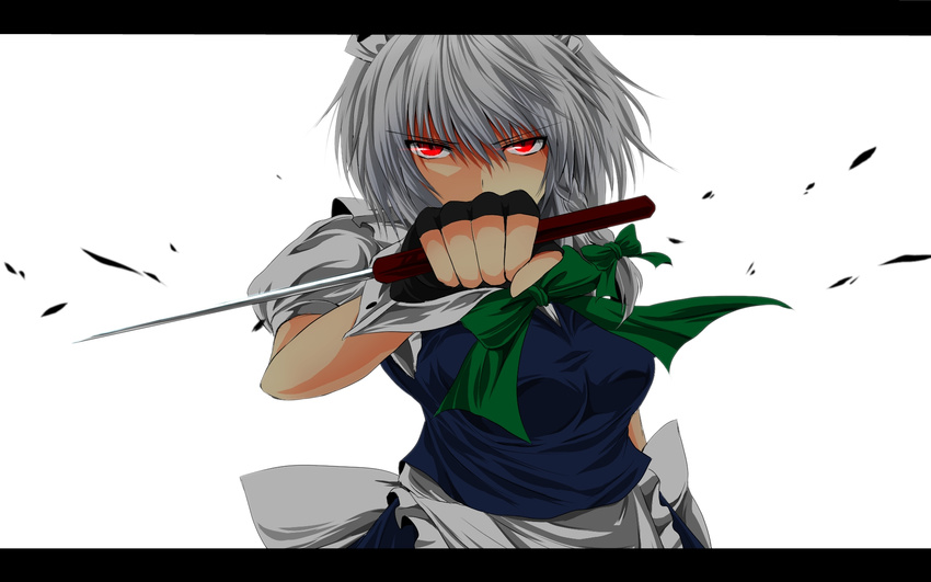 apron black_gloves blue_dress bow braid commentary dress fingerless_gloves gloves hair_bow highres izayoi_sakuya knife letterboxed looking_at_viewer maid maid_headdress nekominase puffy_sleeves red_eyes shirt short_sleeves silver_hair solo touhou twin_braids upper_body waist_apron wrist_cuffs
