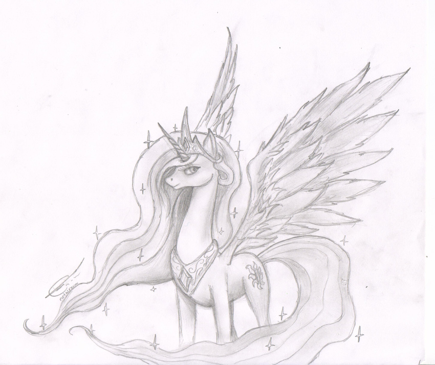 crown cutie_mark equine female feral friendship_is_magic grey_scale greyscale horn horse mammal metalfoxxx monochrome my_little_pony pony princess_celestia_(mlp) solo traditional_media winged_unicorn wings