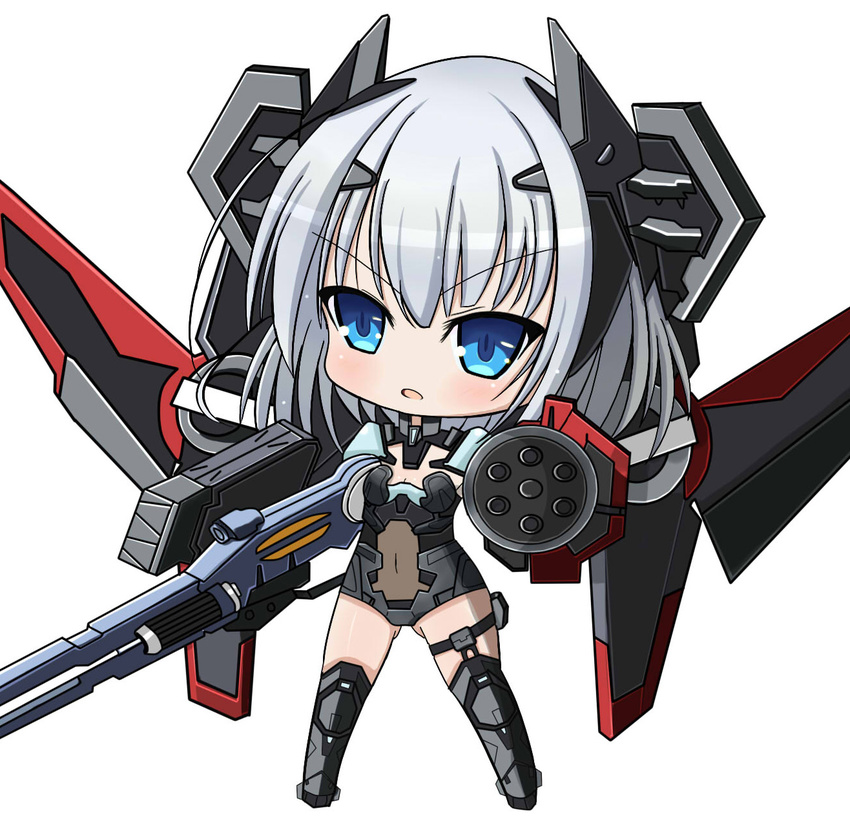 aabb955086aabb armor backpack bad_id bad_pixiv_id bag blue_eyes bodysuit breasts chibi cleavage date_a_live gun headgear highres medium_breasts short_hair silver_hair solo thigh_strap tobiichi_origami weapon white_background